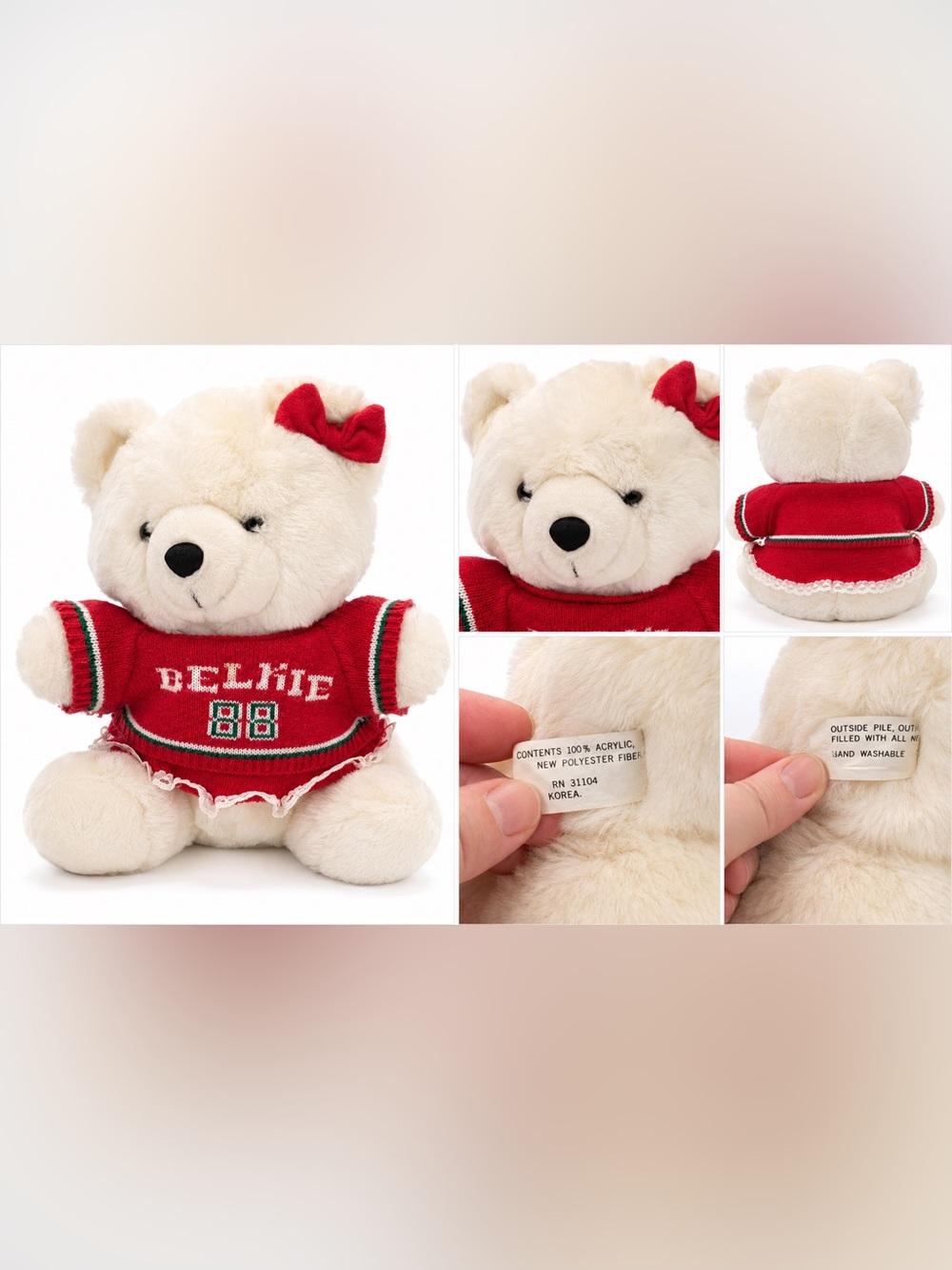 Vintage 1988 Belkie Teddy Bear in Red Knit Sweater with Bow